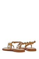 Women's Brown Stoned Flip-Flop Leather Sandals | Derimod