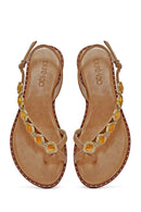 Women's Brown Stoned Flip-Flop Leather Sandals | Derimod