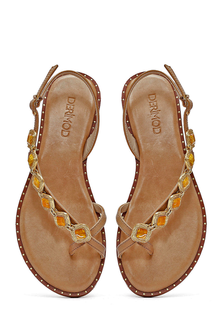 Women's Brown Stoned Flip-Flop Leather Sandals