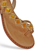 Women's Brown Stoned Flip-Flop Leather Sandals | Derimod