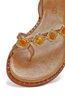 Women's Brown Stoned Flip-Flop Leather Sandals | Derimod