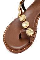 Women's Brown Metal Detailed Flip-Flop Leather Sandals | Derimod