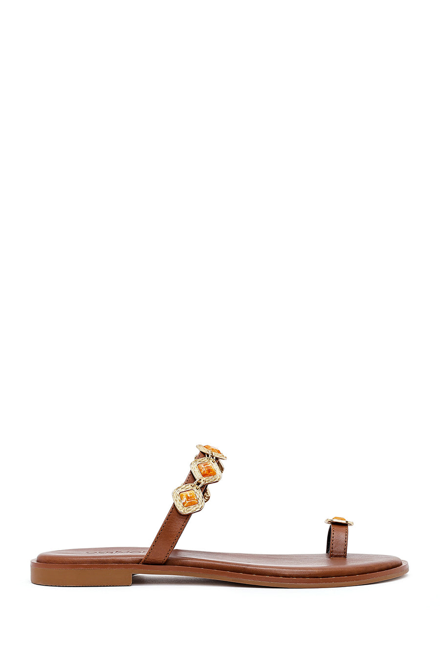 Women's Brown Flip-Flop Stoned Leather Slippers 25SFD483314 | Derimod