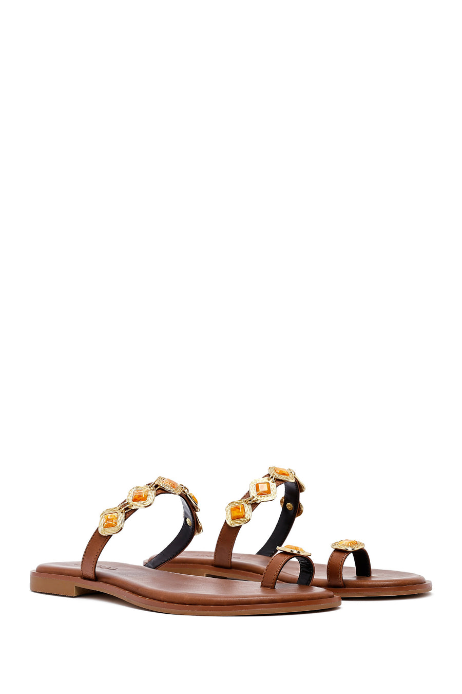 Women's Brown Flip-Flop Stoned Leather Slippers