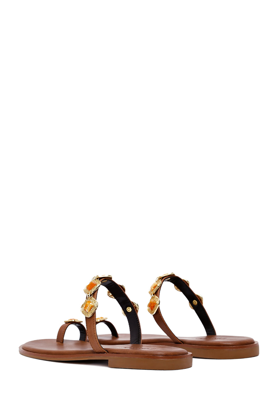 Women's Brown Flip-Flop Stoned Leather Slippers