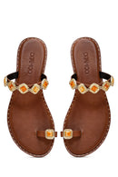 Kadın Kahverengi Parmak Arası Taşlı Deri Terlik | Derimod