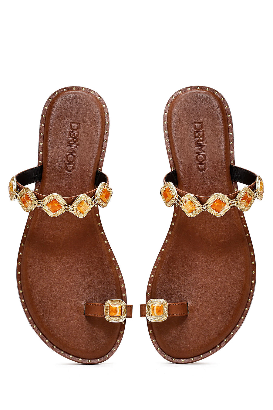 Women's Brown Flip-Flop Stoned Leather Slippers