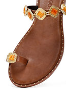 Kadın Kahverengi Parmak Arası Taşlı Deri Terlik | Derimod