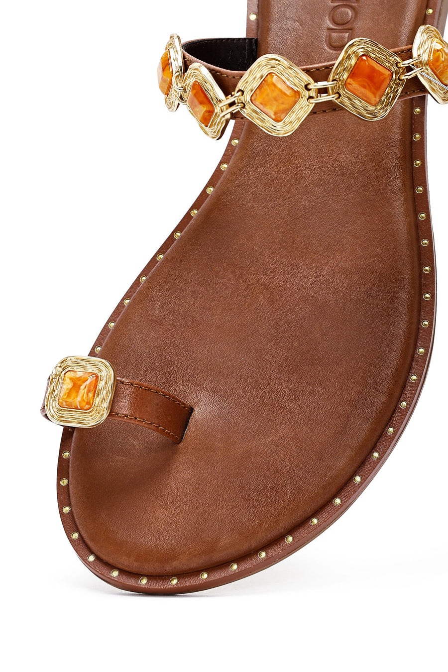 Women's Brown Flip-Flop Stoned Leather Slippers