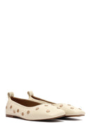 Women's Cream Stoned Leather Ballerina | Derimod