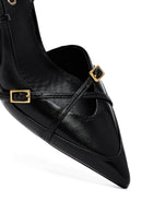 Women's Black Ankle Buckle Open Back Thin Heel Leather Shoes | Derimod