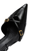 Women's Black Ankle Buckle Open Back Thin Heel Leather Shoes | Derimod