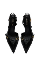 Women's Black Ankle Buckle Open Back Thin Heel Leather Shoes | Derimod