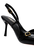 Women's Black Ankle Buckle Open Back Thin Heel Leather Shoes | Derimod