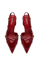 Women's Red Ankle Buckle Open Back Thin Heel Leather Shoes | Derimod