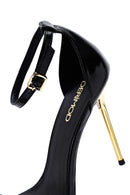Women's Black Ankle Buckle High Thin Heel Metallic Leather Sandals | Derimod
