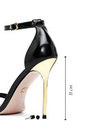 Women's Black Ankle Buckle High Thin Heel Metallic Leather Sandals | Derimod