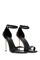 Women's Black Ankle Buckle High Thin Heel Metallic Leather Sandals | Derimod