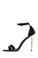 Women's Black Ankle Buckle High Thin Heel Metallic Leather Sandals | Derimod