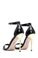 Women's Black Ankle Buckle High Thin Heel Metallic Leather Sandals | Derimod