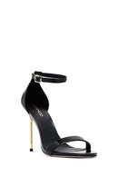 Women's Black Ankle Buckle High Thin Heel Metallic Leather Sandals | Derimod