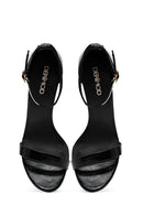 Women's Black Ankle Buckle High Thin Heel Metallic Leather Sandals | Derimod