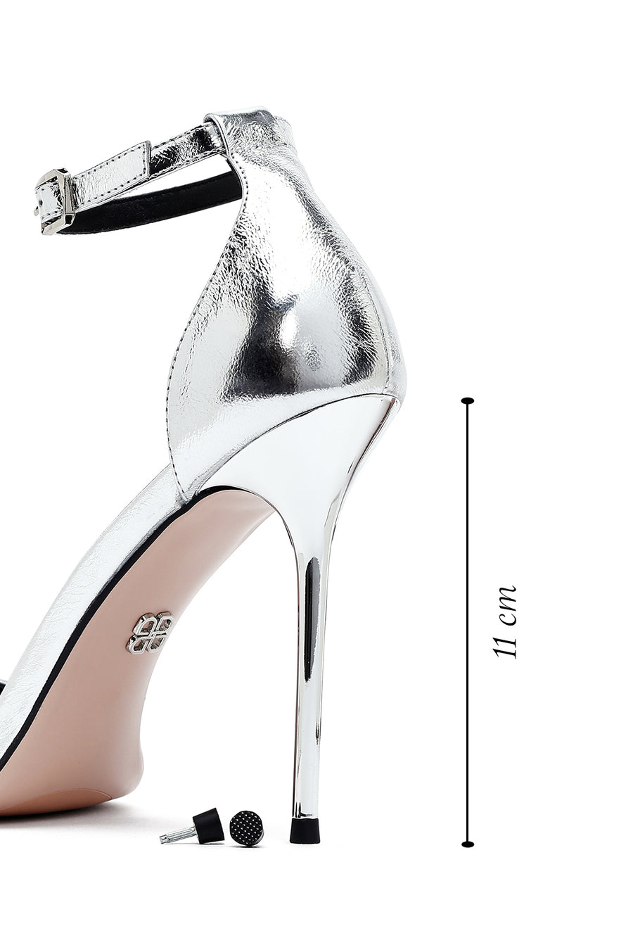 Women's Silver Ankle Buckle High Thin Heel Metallic Leather Sandals