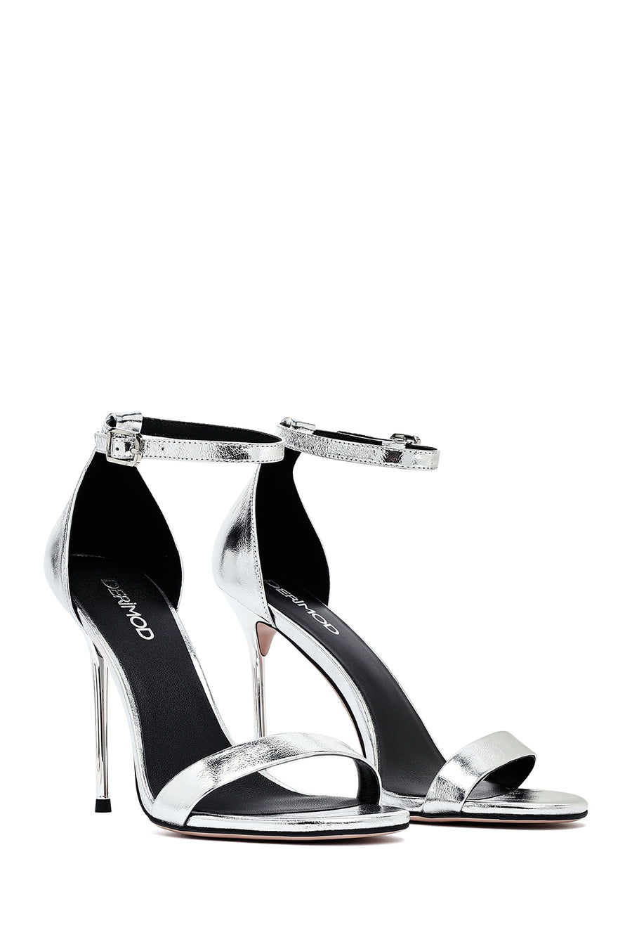 Women's Silver Ankle Buckle High Thin Heel Metallic Leather Sandals
