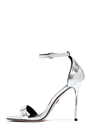 Kadın Gümüş Bilekten Tokalı Yüksek İnce Topuklu Metalik Deri Sandalet | Derimod