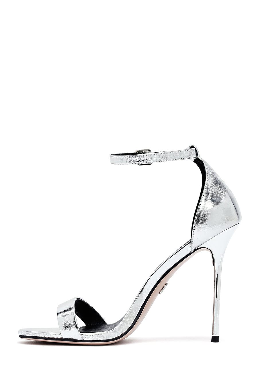 Women's Silver Ankle Buckle High Thin Heel Metallic Leather Sandals