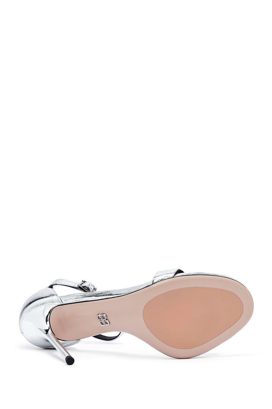 Women's Silver Ankle Buckle High Thin Heel Metallic Leather Sandals