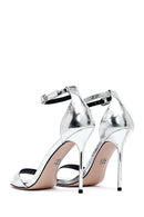 Kadın Gümüş Bilekten Tokalı Yüksek İnce Topuklu Metalik Deri Sandalet | Derimod