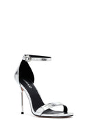 Kadın Gümüş Bilekten Tokalı Yüksek İnce Topuklu Metalik Deri Sandalet | Derimod