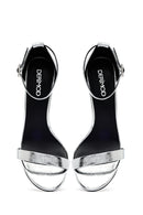 Kadın Gümüş Bilekten Tokalı Yüksek İnce Topuklu Metalik Deri Sandalet | Derimod