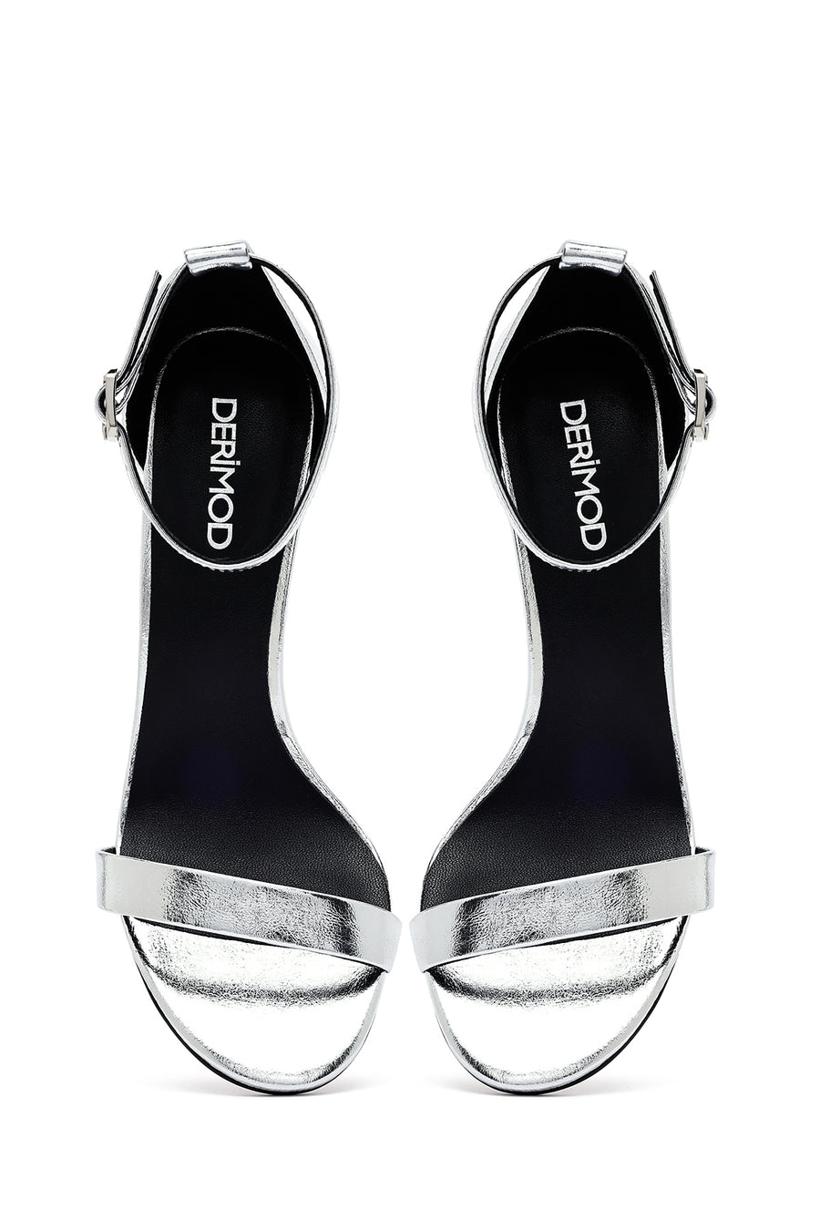 Women's Silver Ankle Buckle High Thin Heel Metallic Leather Sandals