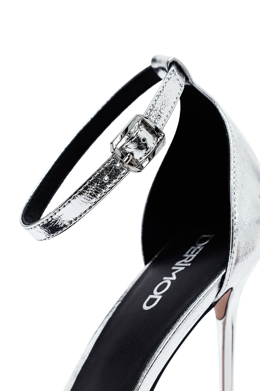 Women's Silver Ankle Buckle High Thin Heel Metallic Leather Sandals