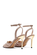 Women's Beige Ankle Buckle High Thin Heel Leather Sandals | Derimod