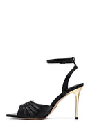 Women's Black Ankle Buckle High Thin Heel Leather Sandals | Derimod