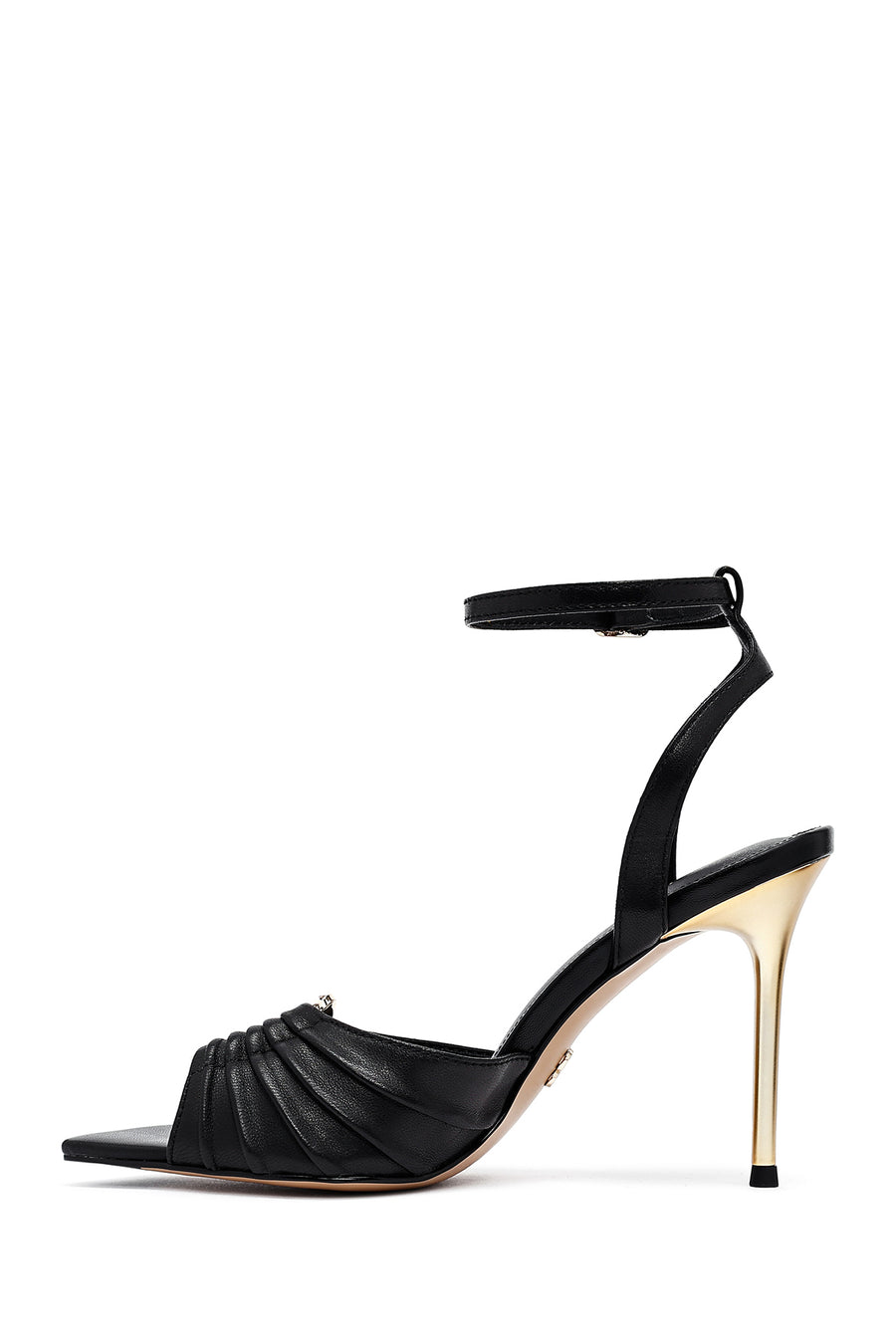 Women's Black Ankle Buckle High Thin Heel Leather Sandals
