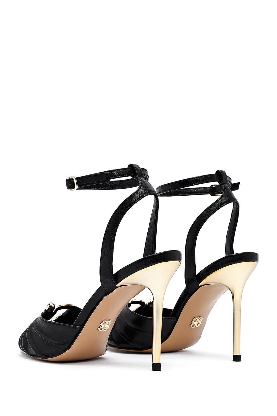 Women's Black Ankle Buckle High Thin Heel Leather Sandals