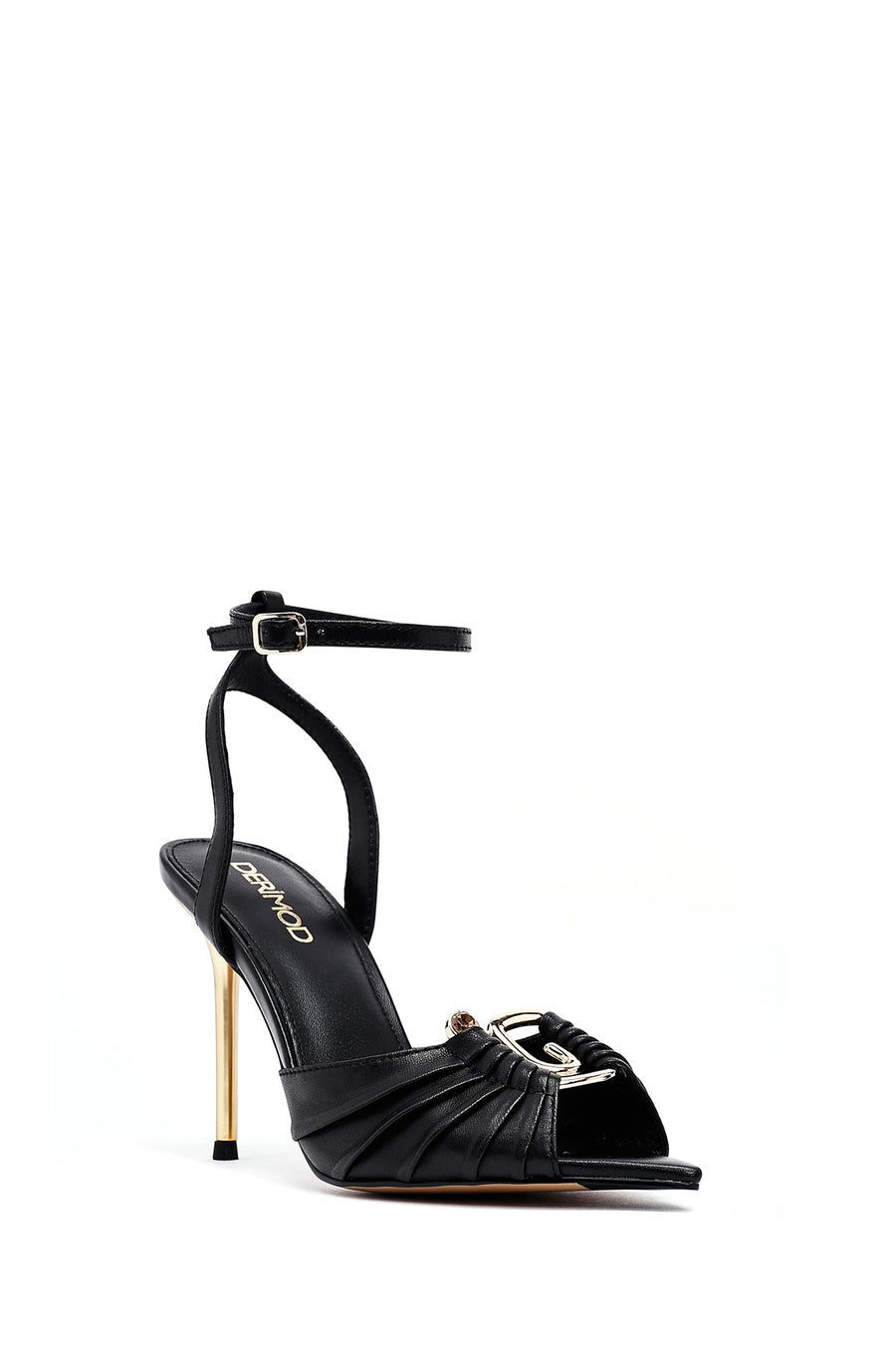 Women's Black Ankle Buckle High Thin Heel Leather Sandals