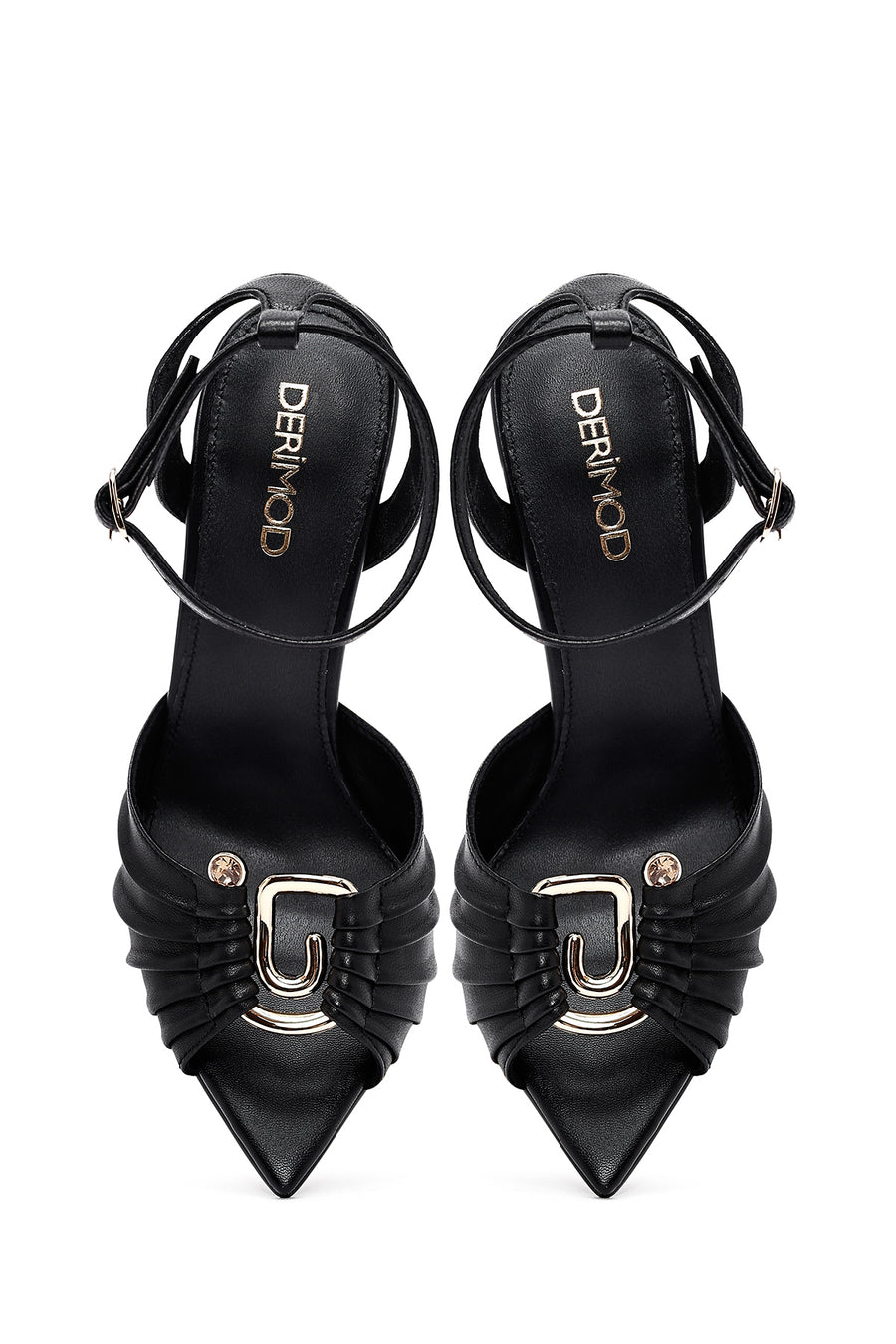 Women's Black Ankle Buckle High Thin Heel Leather Sandals