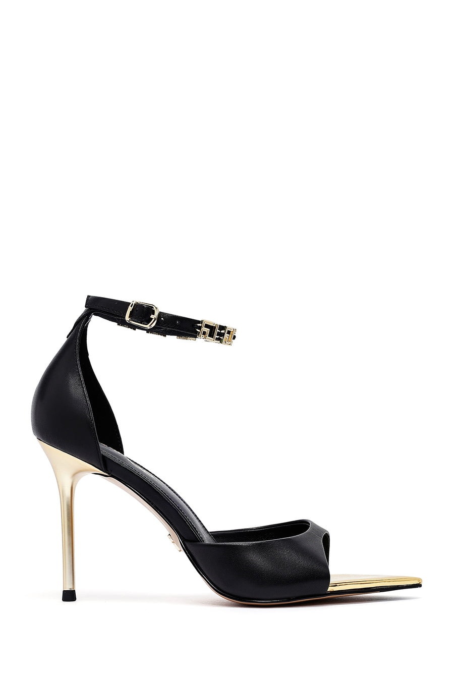 Women's Black Ankle Buckle Thin Heeled Leather Sandals 25SFD494818 | Derimod