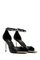 Women's Black Ankle Buckle Thin Heeled Leather Sandals | Derimod