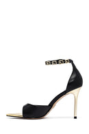 Women's Black Ankle Buckle Thin Heeled Leather Sandals | Derimod