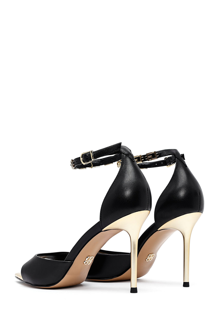 Women's Black Ankle Buckle Thin Heeled Leather Sandals