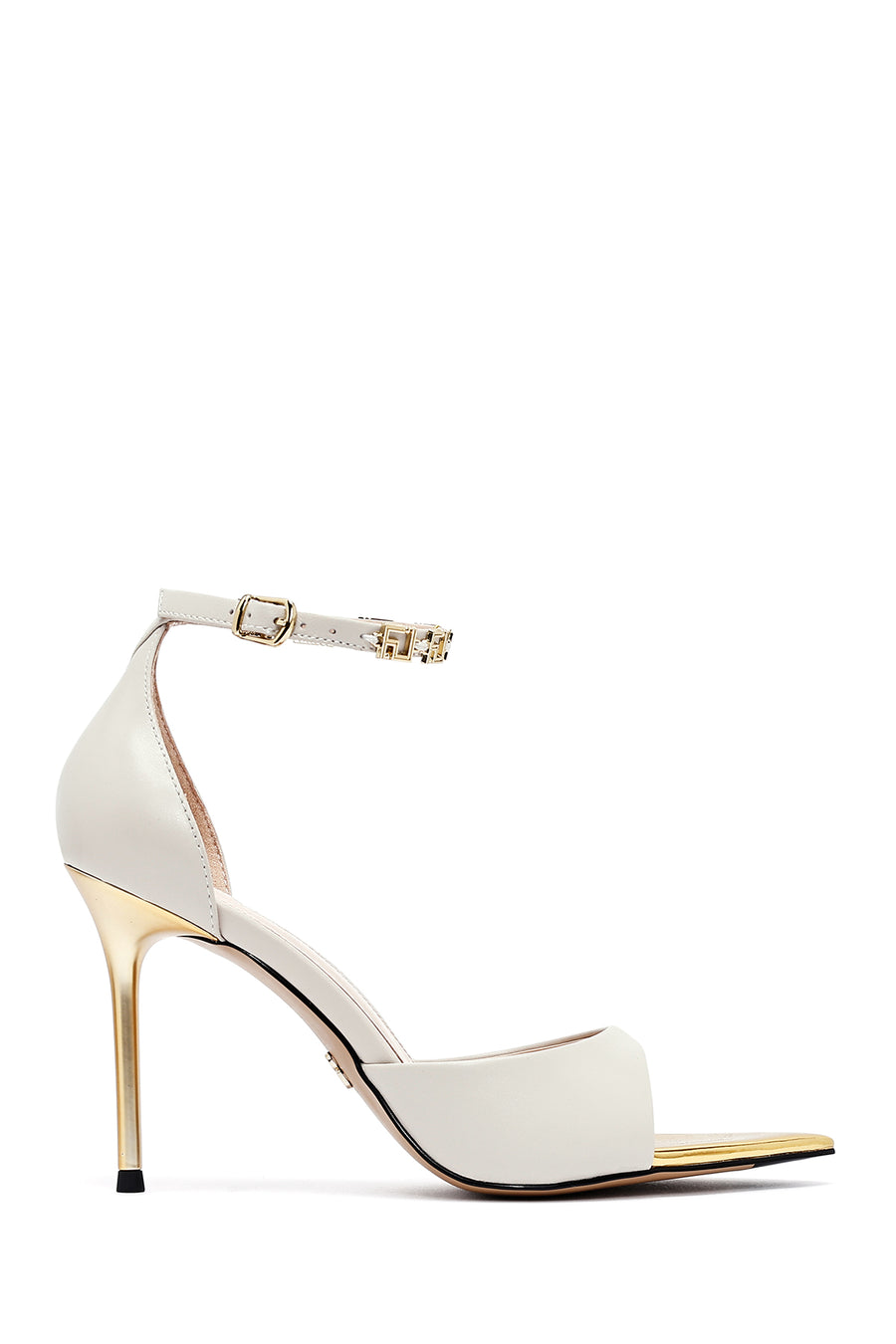 Women's Cream Ankle Buckle Thin Heel Leather Sandals 25SFD494818 | Derimod