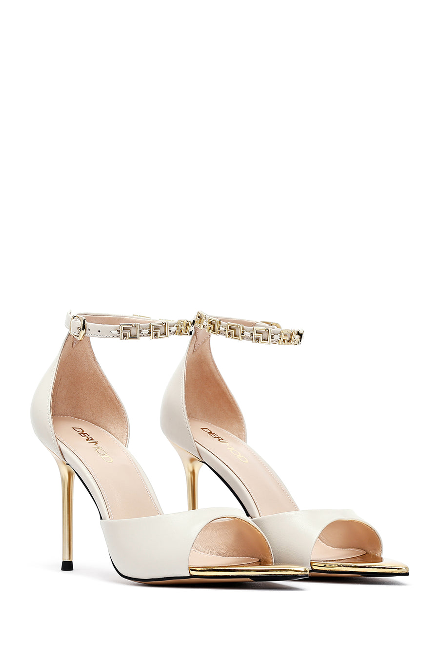 Women's Cream Ankle Buckle Thin Heel Leather Sandals