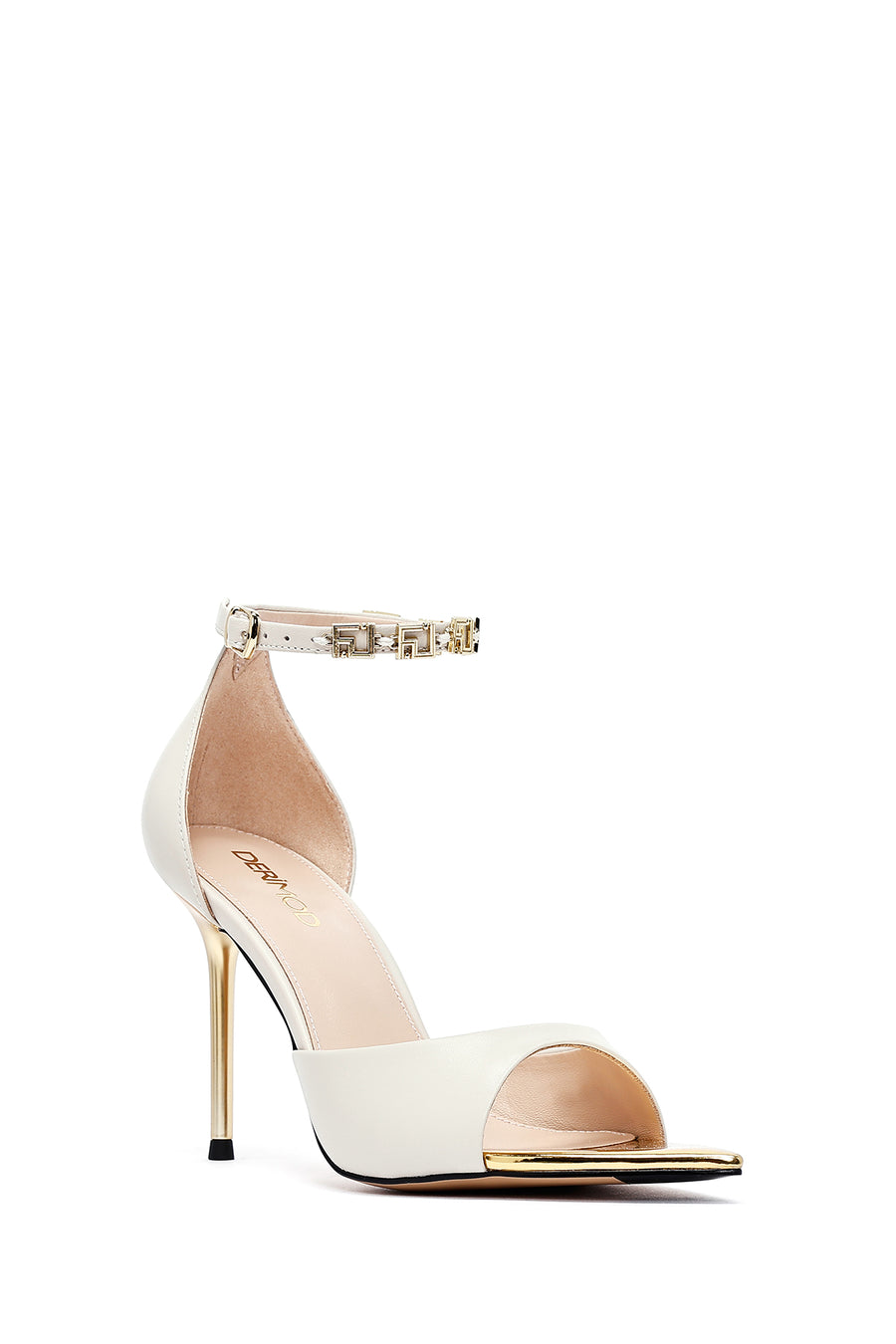 Women's Cream Ankle Buckle Thin Heel Leather Sandals
