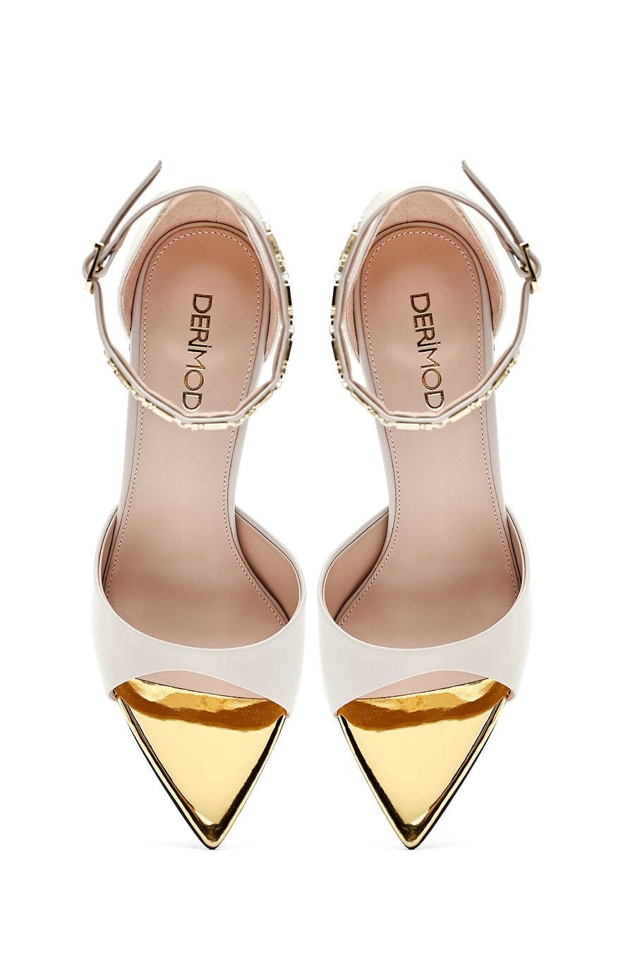 Women's Cream Ankle Buckle Thin Heel Leather Sandals